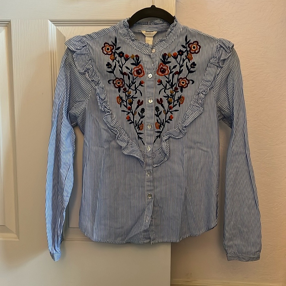 Embroidered Striped Shirt with Ruffle Detail